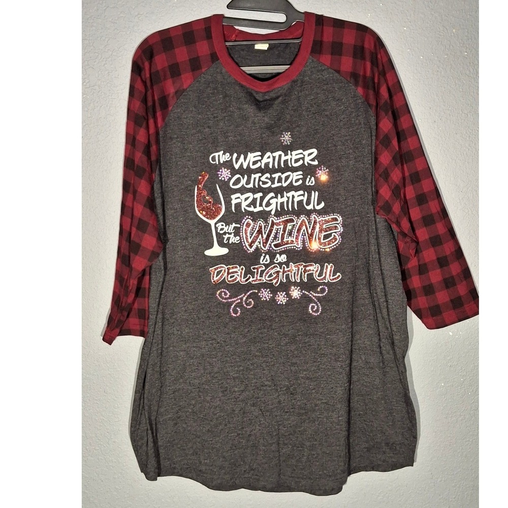 Luxury Womens 2XL Raglan Wine Holiday Graphic Tee Plaid Sleeve Gray Red